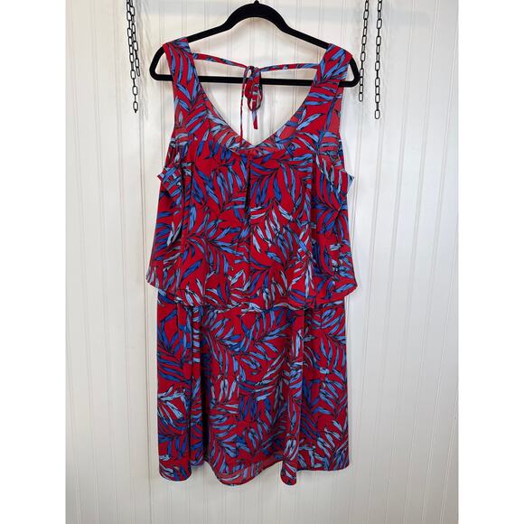 Roz&Ali Dress Red & Blue Tropical V-Neck Tiered Sleeveless Flutter Mini Size 16 - Picture 2 of 7
